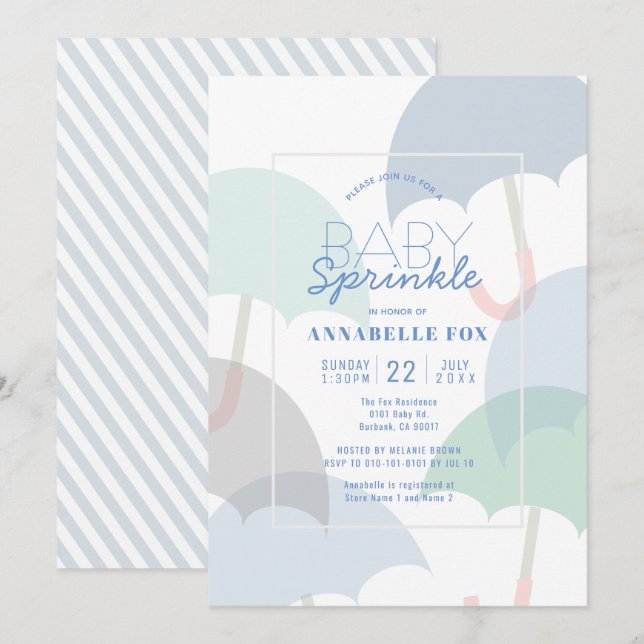 Blue Umbrellas Boy Baby Sprinkle Shower Invitation (Front/Back)