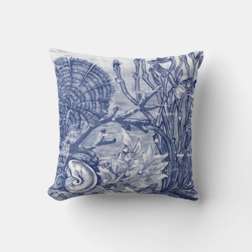 Blue Under Sea Ocean Mermaid Rabbit Shells Coral Throw Pillow