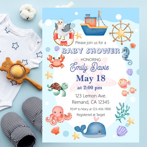 Blue Under the Sea Baby Boy Shower Invitation