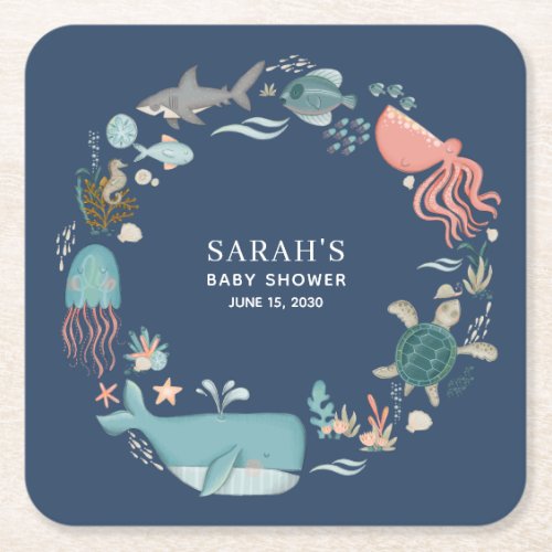 Blue Under the Sea Baby Shower Square Paper Coaste Square Paper Coaster - Coordinating with our bestselling Under the Sea Baby Shower suite, this watercolor coaster design features ocean animals, and is easily personalized. Contact designer for matching products and design variations. Copyright Elegant Invites, all rights reserved.