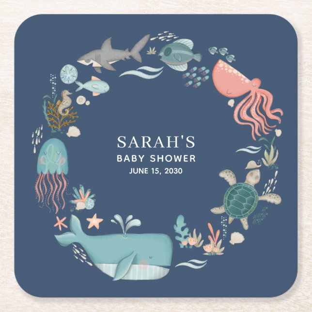 Blue Under the Sea Baby Shower Square Paper Coaste Square Paper Coaster (Front)