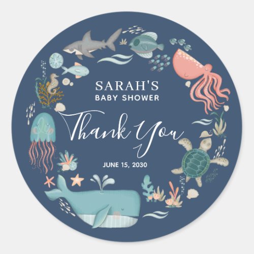 Blue Under the Sea Baby Shower Thank You Classic R Classic Round Sticker - Coordinating with our bestselling Under the Sea Baby Shower suite, this watercolor thank you sticker design features ocean animals, and is easily personalized. Please note that we have chosen the larger size sticker for this design, as when the smaller size is used, the typography will be too small to be easily read. Contact designer for matching products and design variations. Copyright Elegant Invites, all rights reserved.