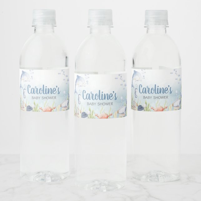 Blue Under the Sea Baby Shower Water Bottle Label (Bottles)