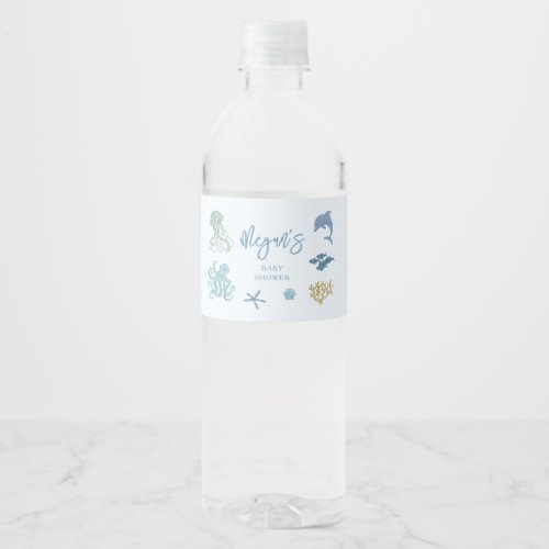 Blue Under The Sea Baby Shower Water Bottle Label