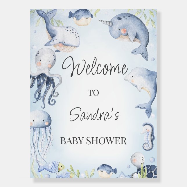 Blue Under the Sea Baby Shower Welcome Sign Board (Front)