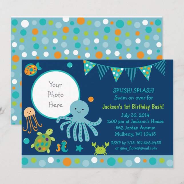 Blue Under the Sea Birthday Invitation (Front/Back)