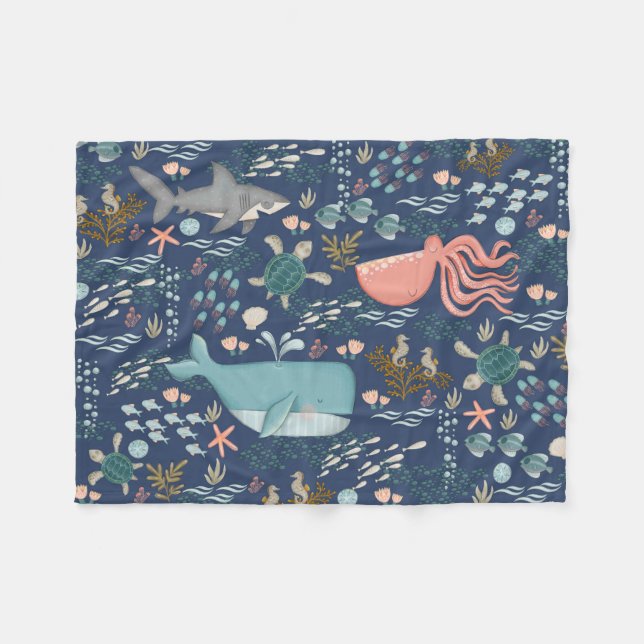 Blue Under the Sea Coral Octopus Whale Shark Baby Fleece Blanket (Front (Horizontal))