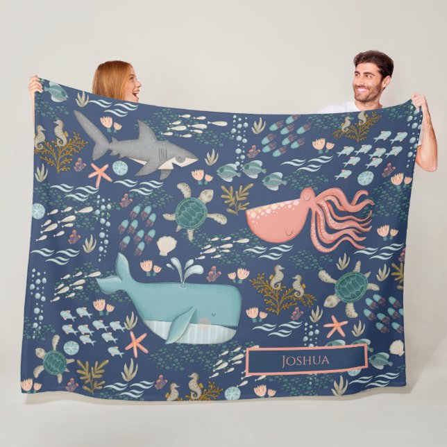 Blue Under the Sea Coral Octopus Whale Shark Name Fleece Blanket (In Situ)