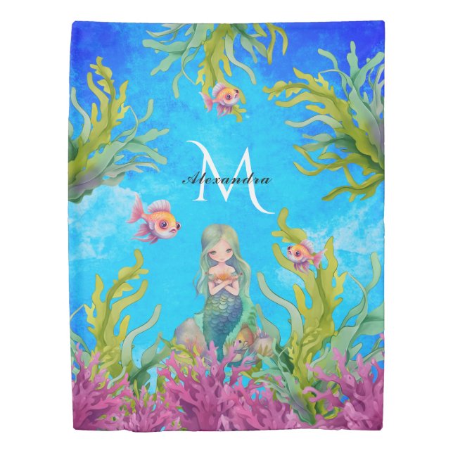 Blue Under the Sea Monogram Name Mermaid Duvet Cover (Front)