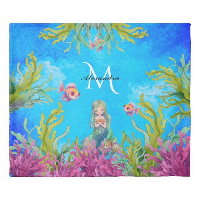 Blue Under the Sea Monogram Name Mermaid Duvet Cover (Front)