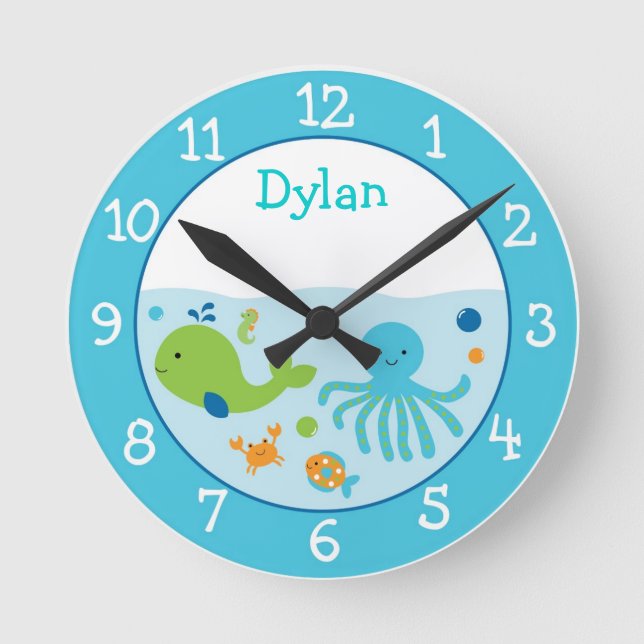 Blue Under The Sea Nursery Round Clock (Front)