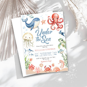 Blue Under The Sea Ocean Animal Girl Baby Shower Invitation