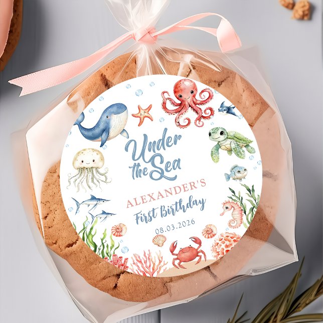 Blue Under The Sea Ocean Animals Birthday Classic Round Sticker (Creator Uploaded)