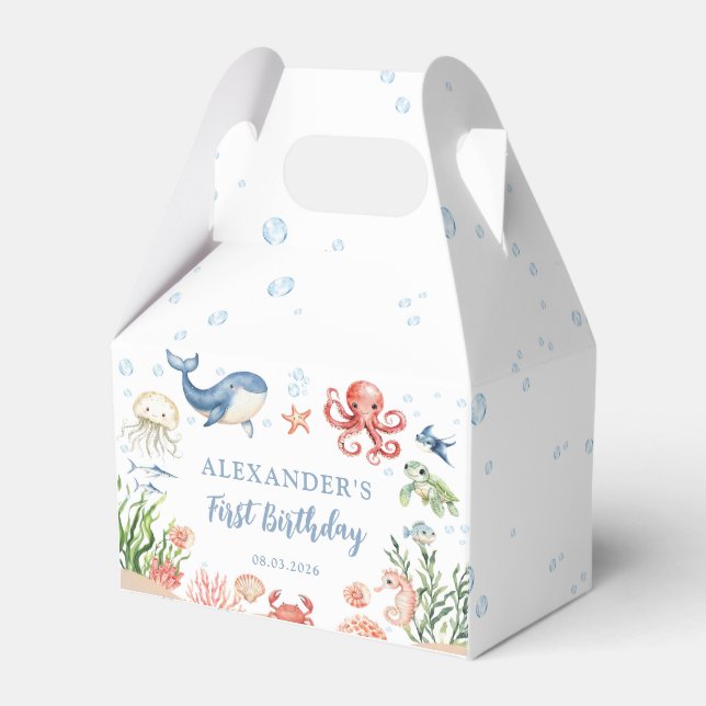 Blue Under The Sea Ocean Animals Birthday Favor Boxes (Front Side)