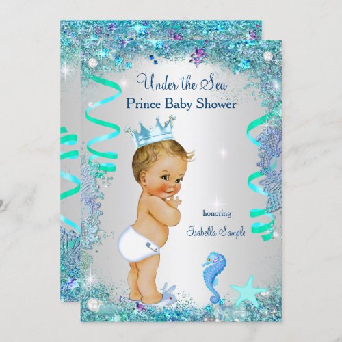 Blue Under The Sea Prince Baby Shower Blonde Baby Invitation