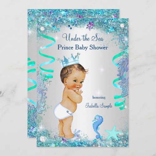 Blue Under The Sea Prince Baby Shower Brunette Boy Invitation