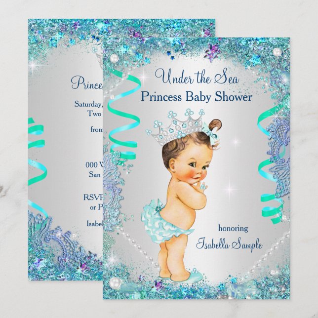 Blue Under The Sea Princess Baby Shower Brunette Invitation (Front/Back)