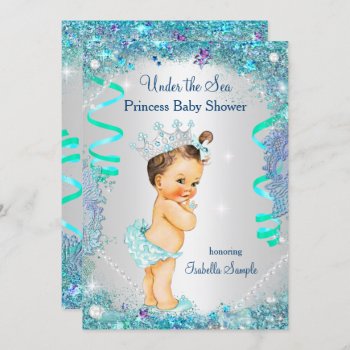 Blue Under The Sea Princess Baby Shower Brunette Invitation by VintageBabyShop at Zazzle