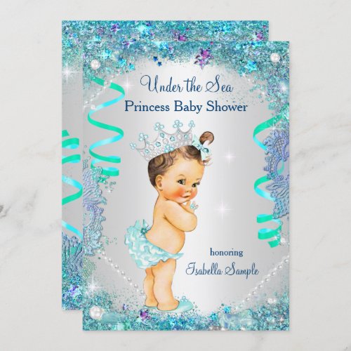 Blue Under The Sea Princess Baby Shower Brunette Invitation