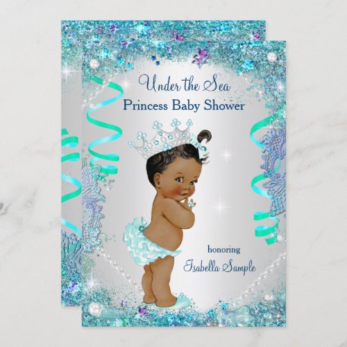 Blue Under The Sea Princess Baby Shower Ethnic Invitation