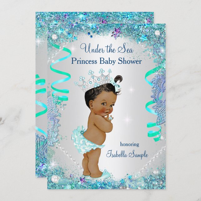 Blue Under The Sea Princess Baby Shower Ethnic Invitation (Front/Back)
