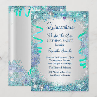 Blue Under The Sea Quinceanera 15th Birthday Party Invitation