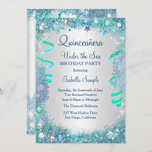 Blue Under The Sea Quinceanera 15th Birthday Party Invitation (Front/Back)