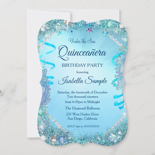 Blue Under The Sea Quinceanera 15th Birthday Party Invitation (Front)