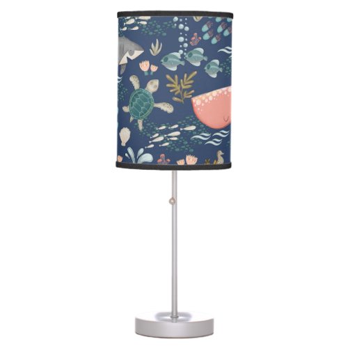 Blue Underwater Art Ocean Animals Octopus Whale Table Lamp