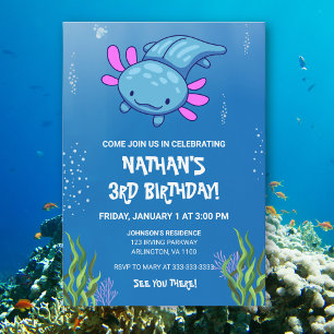 Blue Underwater Axolotl Kids Boys Fun Birthday Invitation