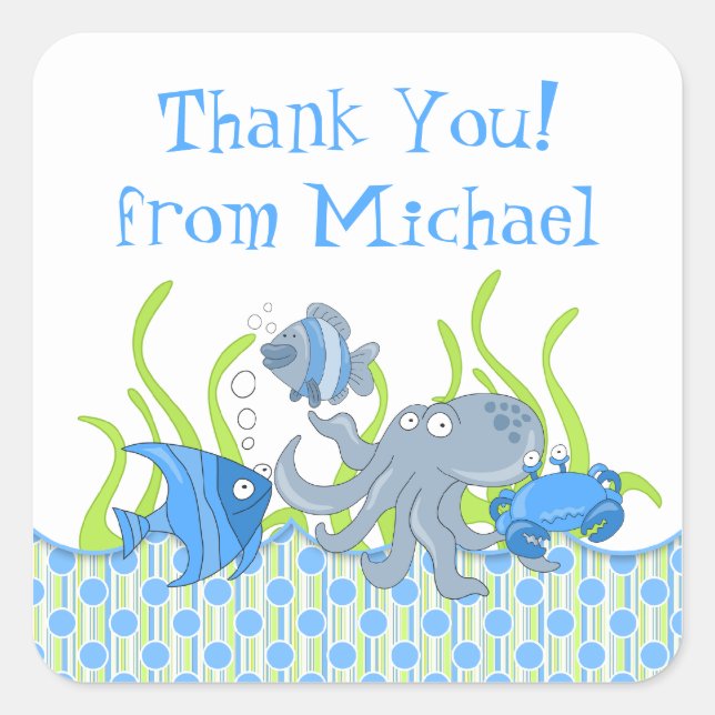 Blue Underwater Critters Birthday Favor Stickers (Front)