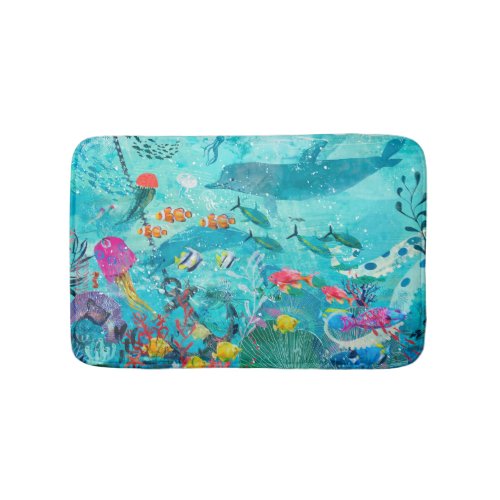 Blue underwater fish serene background bath mat