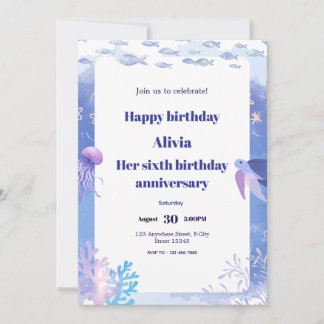 Blue underwater kids birthday invitation card