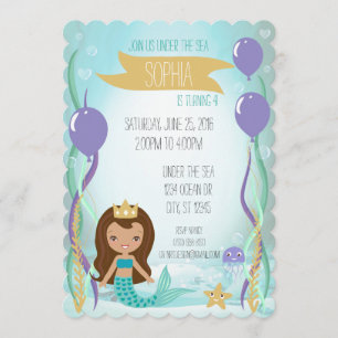 Blue Underwater Mermaid Princess Olive Brown Invitation