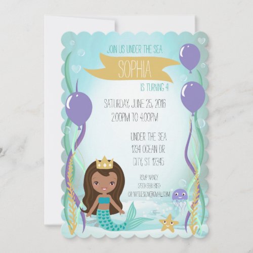 Blue Underwater Mermaid Princess Party Dark Invitation