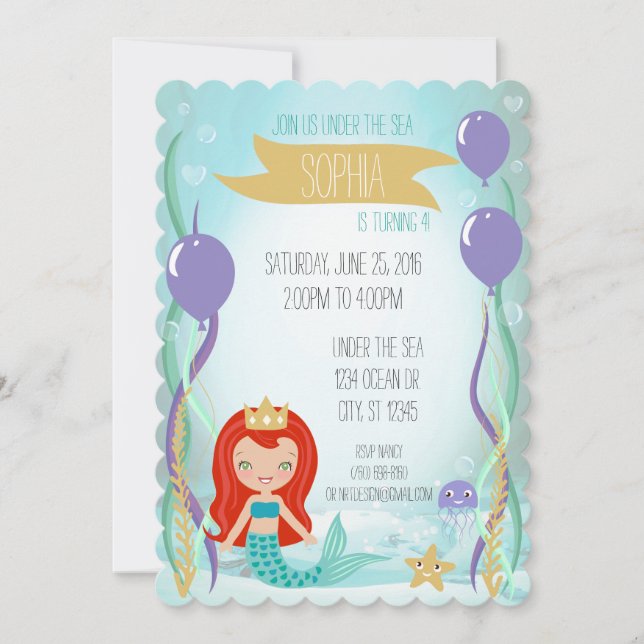 Blue Underwater Mermaid Princess Party Light Red Invitation (Front)