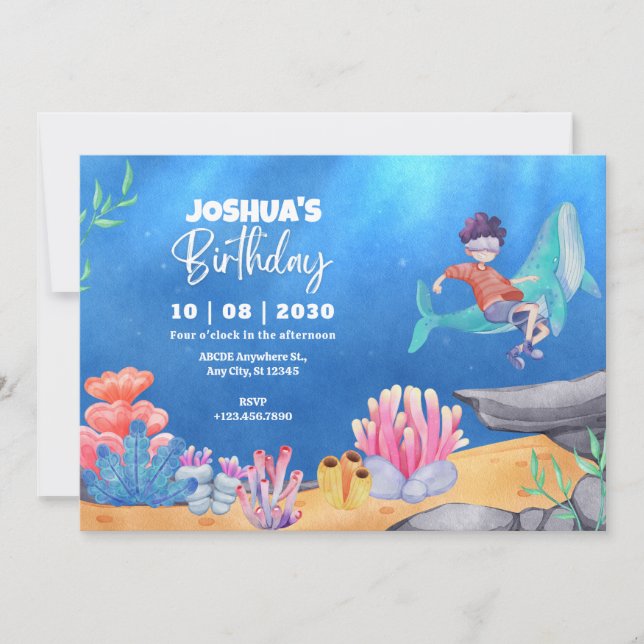 Blue Underwater Sea Ocean boy diving birthday Invitation (Front)