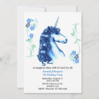 Blue Unicorn Birthday Party Invitation