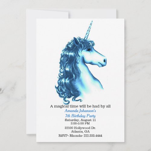 Blue Unicorn Birthday Party Invitation