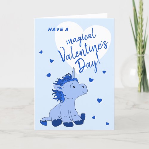 Blue Unicorn Heart Kids Classroom Valentines day Holiday Card