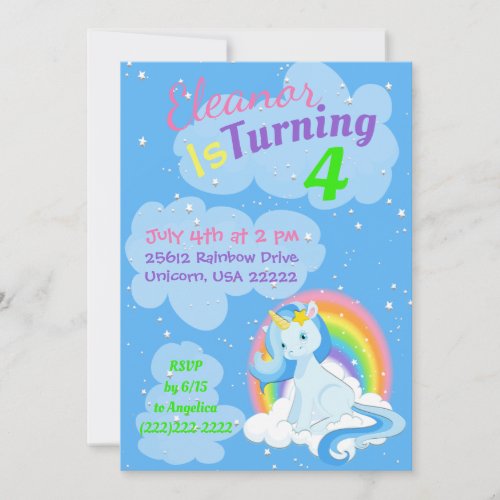 Blue Unicorn Magical Rainbows Colorful Birthday Invitation