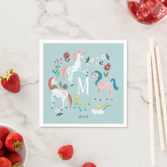 Blue Unicorn Monogram Kids Birthday Party Napkins (Insitu)
