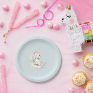 Blue Unicorn on Cloud Birthday Paper Plates