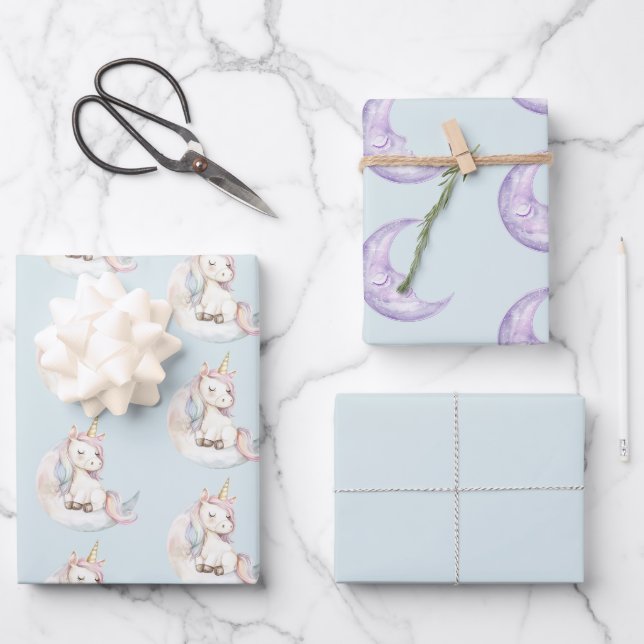 Blue Unicorn on Cloud Birthday Wrapping Paper Sheets (Front)