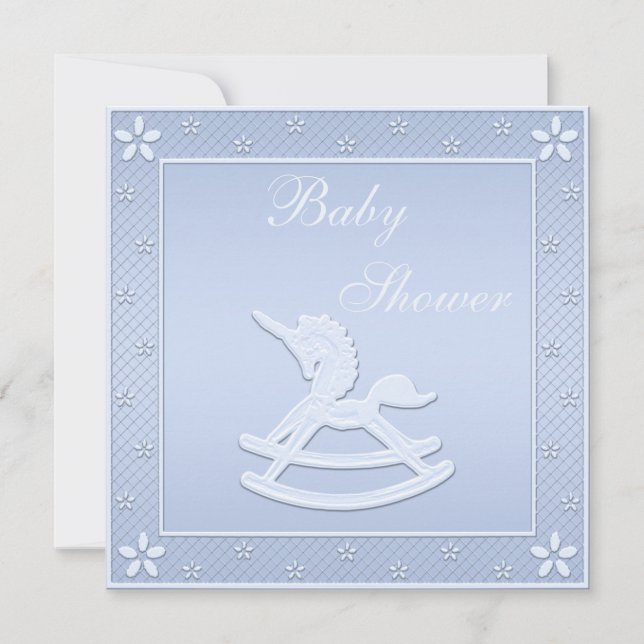 Blue Unicorn Rocking Horse Baby Boy Shower Invitation (Front)