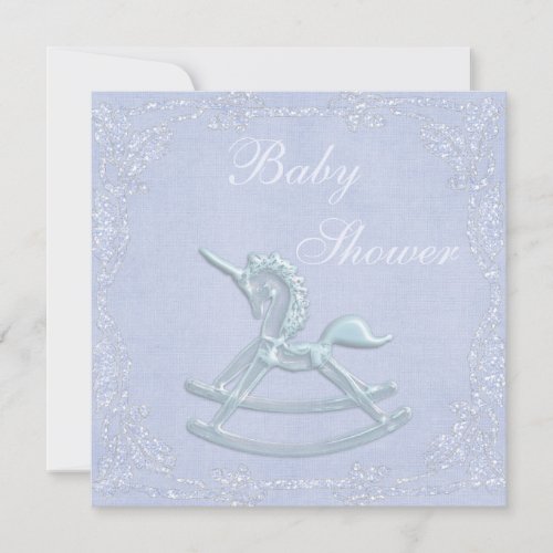 Blue Unicorn Rocking Horse Glitter Baby Shower Invitation