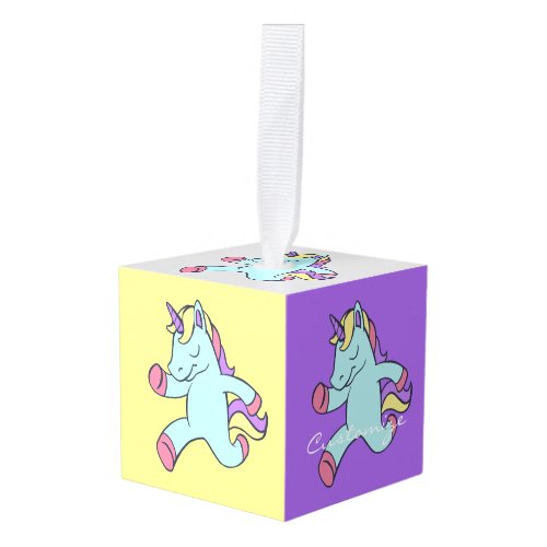 Blue Unicorn Running Thunder_Cove Cube Ornament