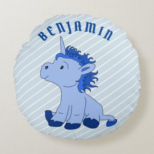 Blue Unicorn Stripe Pattern Kids Name Round Pillow - Blue Unicorn Stripe Pattern Kids Name Round Pillow. Cute blue baby unicorn on a blue background with white stripes. Personalize it with the child`s name. 