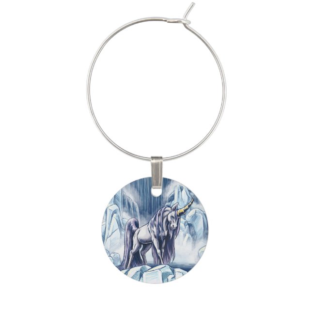 Blue Unicorn Water Element Fantasy Art Wine Charm (Front)