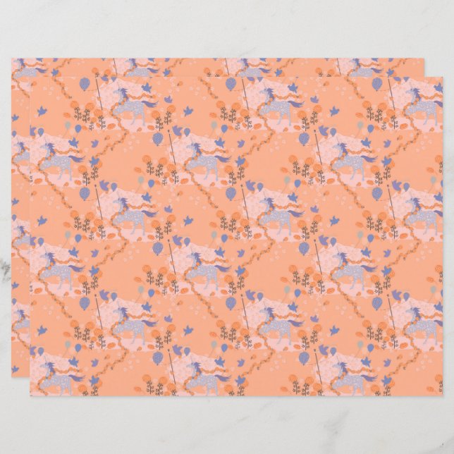 Blue unicorns on an orange background Paper Sheet (Front/Back)